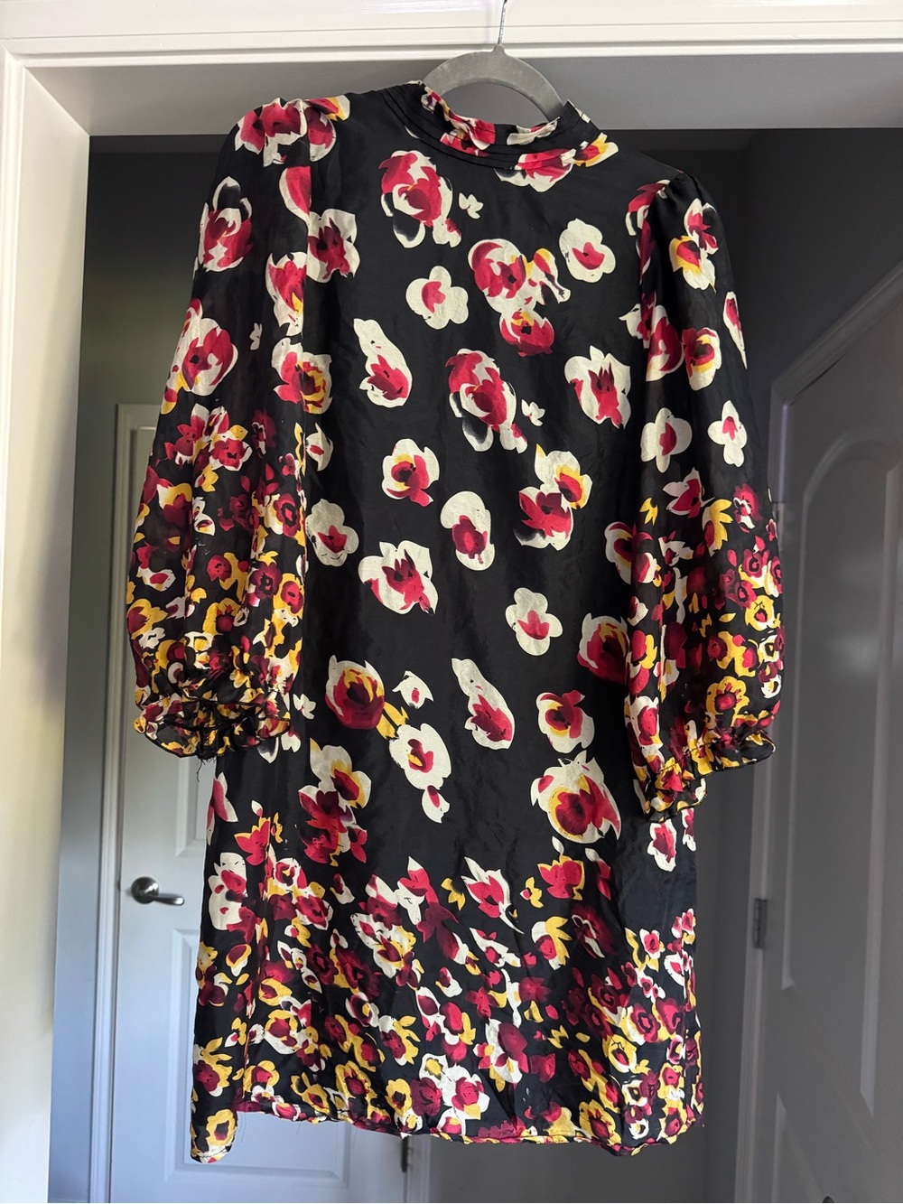 Aryn K Womens 8 100% Silk Floral Dress Black Puff Sleeve Ruffle Y2K Boho
